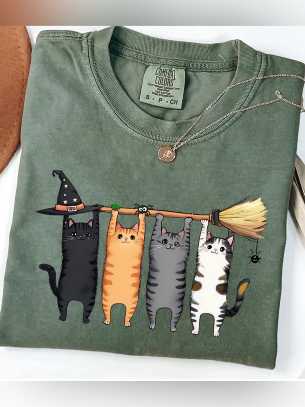Comfort Colors Moss Green Cat Witch Broom Graphic Tee